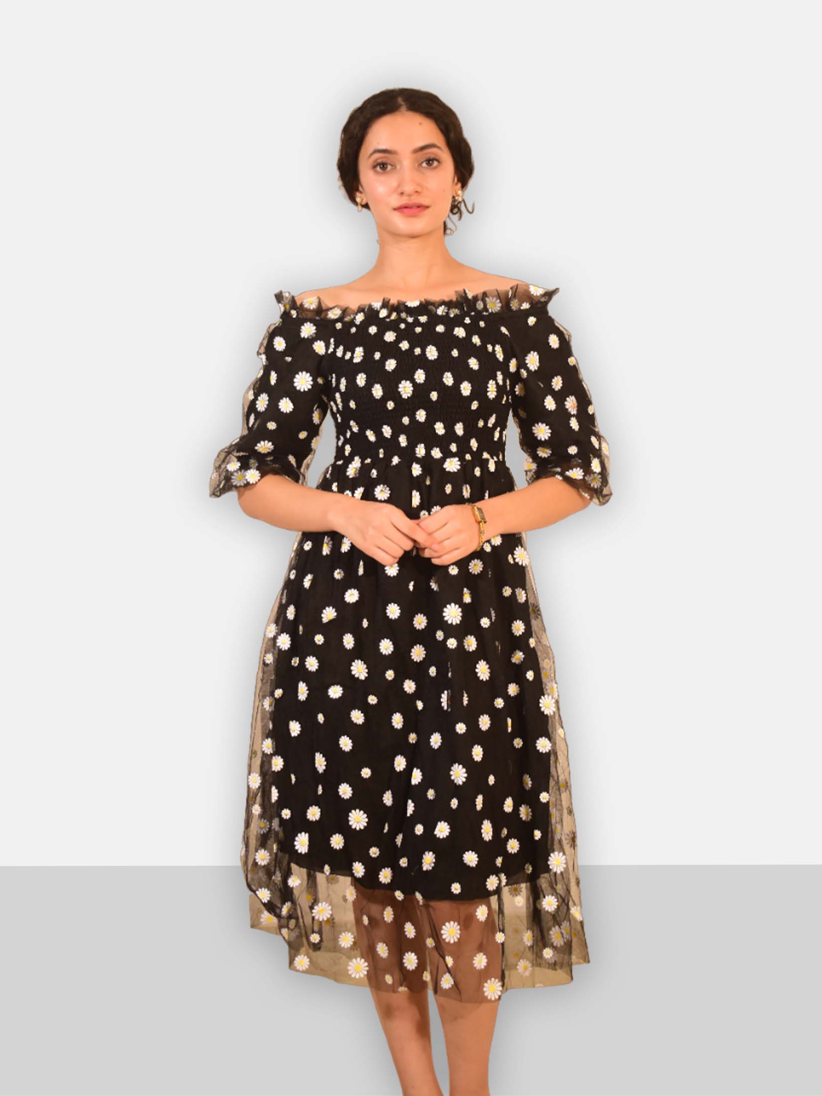 DAZZLING SUNFLOWER BLACK DRESS