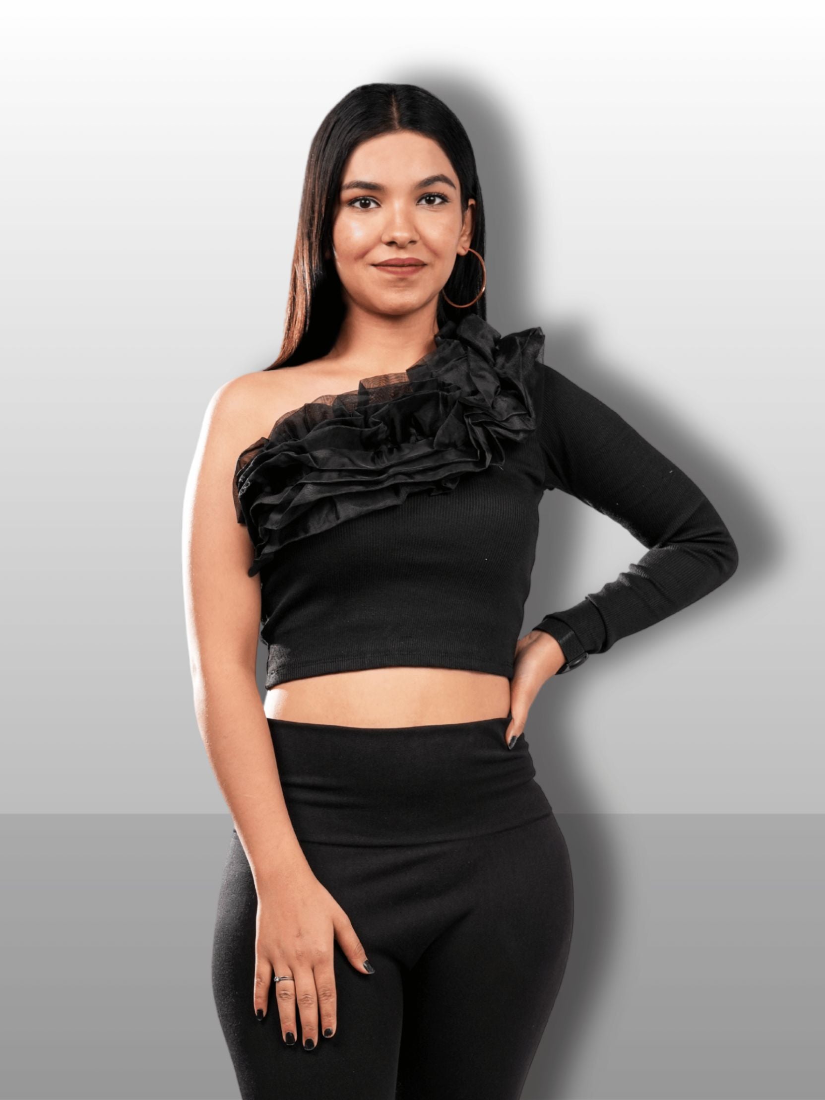 BLACK FRILL ONE SHOULDER TOP